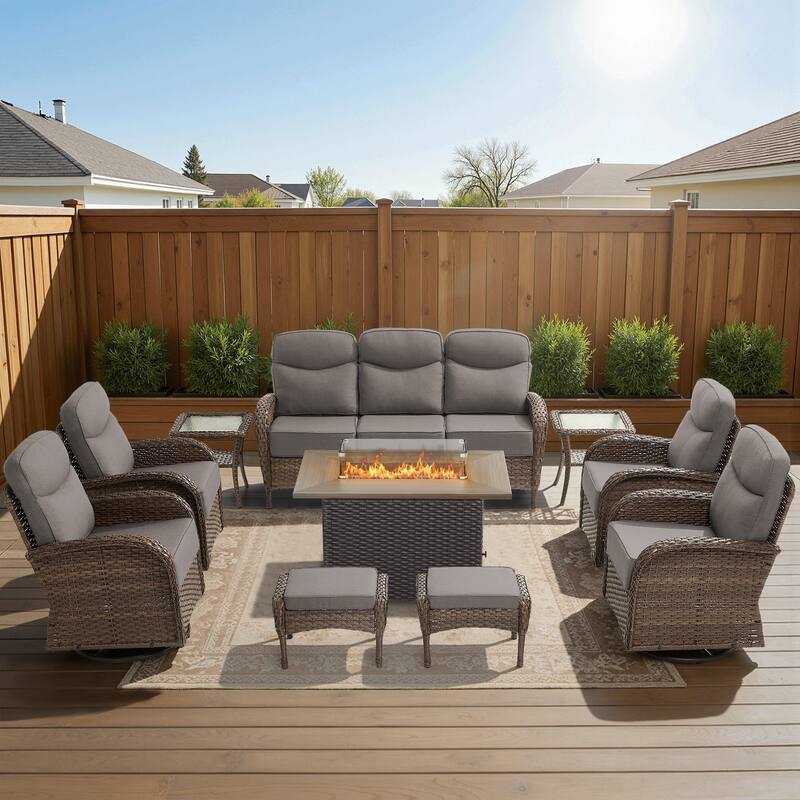 Meyreso 10-Piece Wicker Outdoor Patio Fire Pit Sofa Set with 6-Inch Thick Cushions - Brown Wicker - Gray Cushions