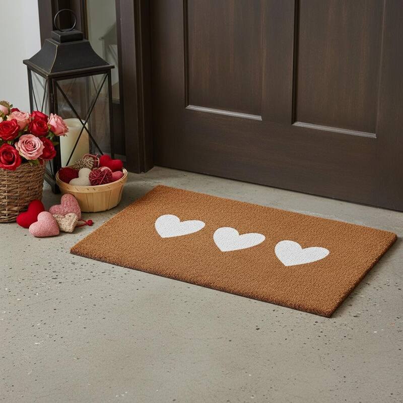 HomeRoots 17" X 29" Brown And White Three Hearts Outdoor Coir Door Mat - 17.00' X '29.00 - 17.00' X '29.00