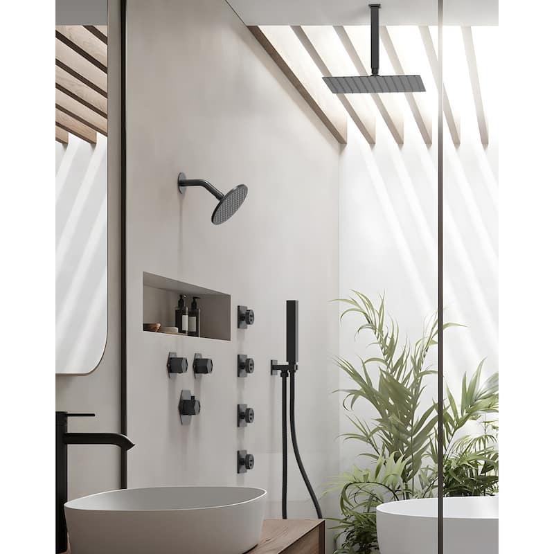 GRANDJOY Dual Shower Heads 12" Ceiling and 6" Wall Mount Body Jets Handheld Shower Spray Rainfall Shower Faucet Set