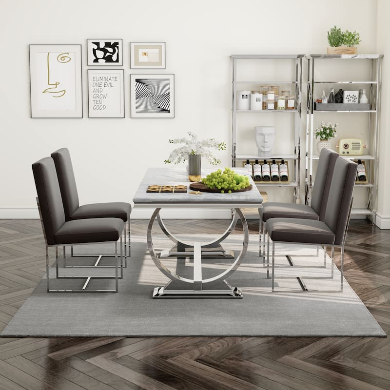 White and Gold Dining Room Table Set with 72 inch Table and White PU Leather Dining Chairs - Table with 4 Chairs - Grey
