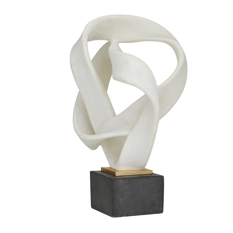 Contemporary White Polystone Abstract Sculpture with Black Base