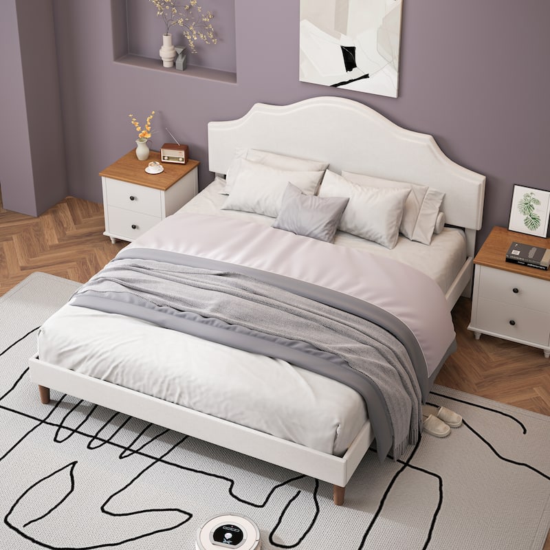 King Size Bed Frame Upholstered Platform Bed with Adjustable Headboard,Linen Fabric Padded,Modern Simple Style Platform Bed