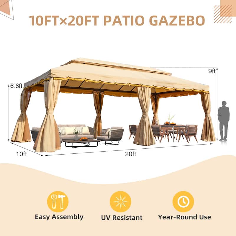EROMMY Outdoor Canopy Gazebo Double Roof Patio Gazebo with Soft Top, includes Curtains