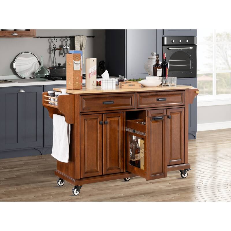 Kitchen Island with Rubber wood Countertop, Kitchen Cart on 5 Wheels with Storage Cabinet and 2 Top Drawers