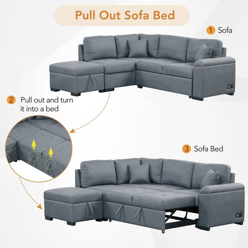 L-Shaped Sleeper Sofa Bed with USB Ports and Storage Ottoman - Perfect for Guests