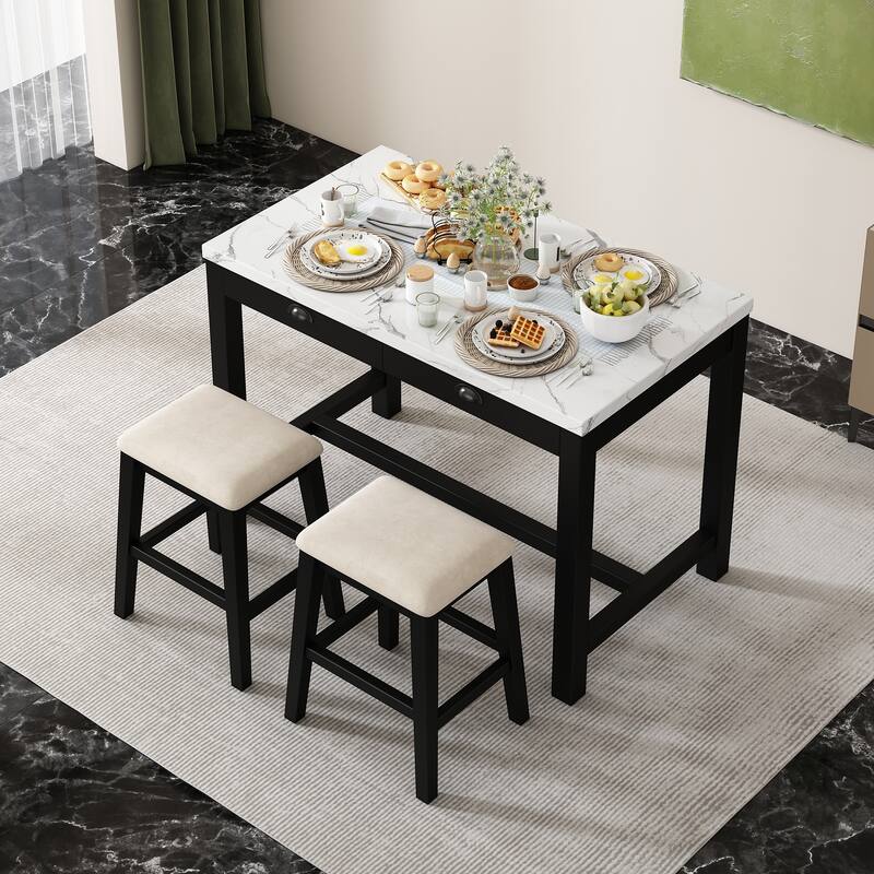 3 Pcs Counter Height Dining Table Set, Breakfast Nook Table Set for 2, Marble Table with Storage Drawers and 2 Padded Stools