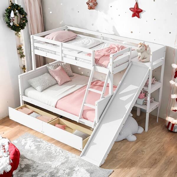 slide 2 of 16, Space-Saving Twin over Full Bunk Bed with Slide and Drawers White