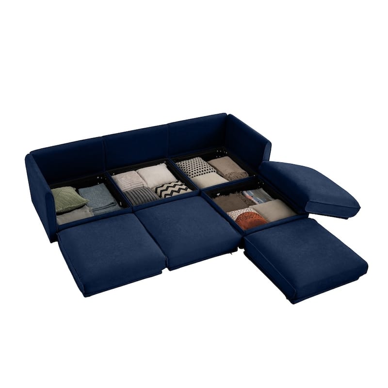 Contemporary L-shaped Chenille Sectional Sofa with Storage Seats and Ottoman