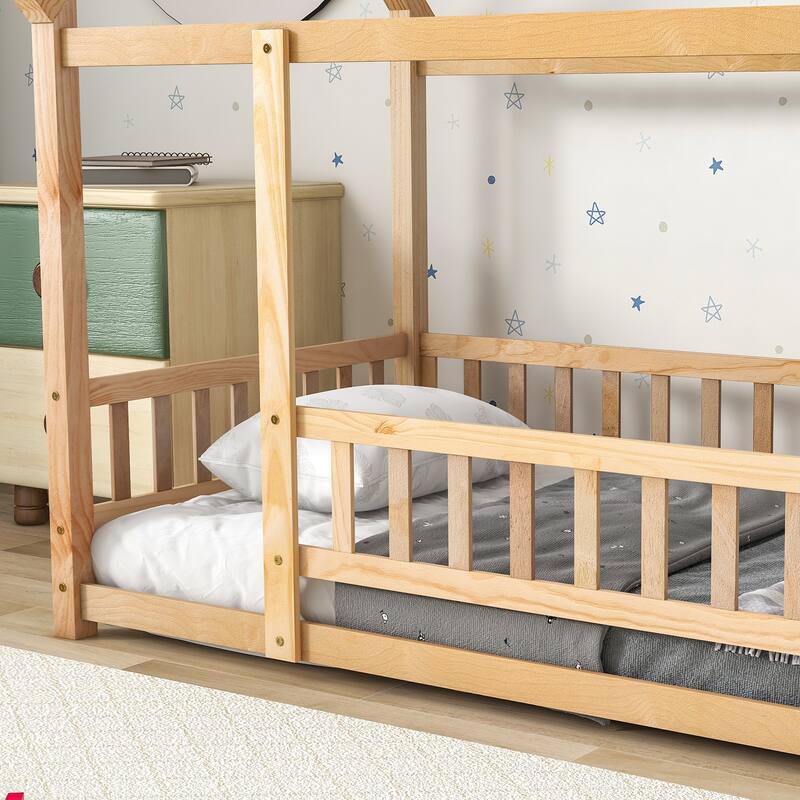 Twin Size Floor Wooden Bed with House Roof Frame, Fence Guardrails, NO Box Spring Required, Easy Assembly
