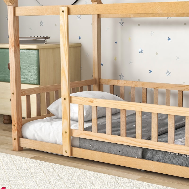 Twin Size Wooden Floor Bed with House Roof Frame, Fence Guardrails for Kids, Bedroom