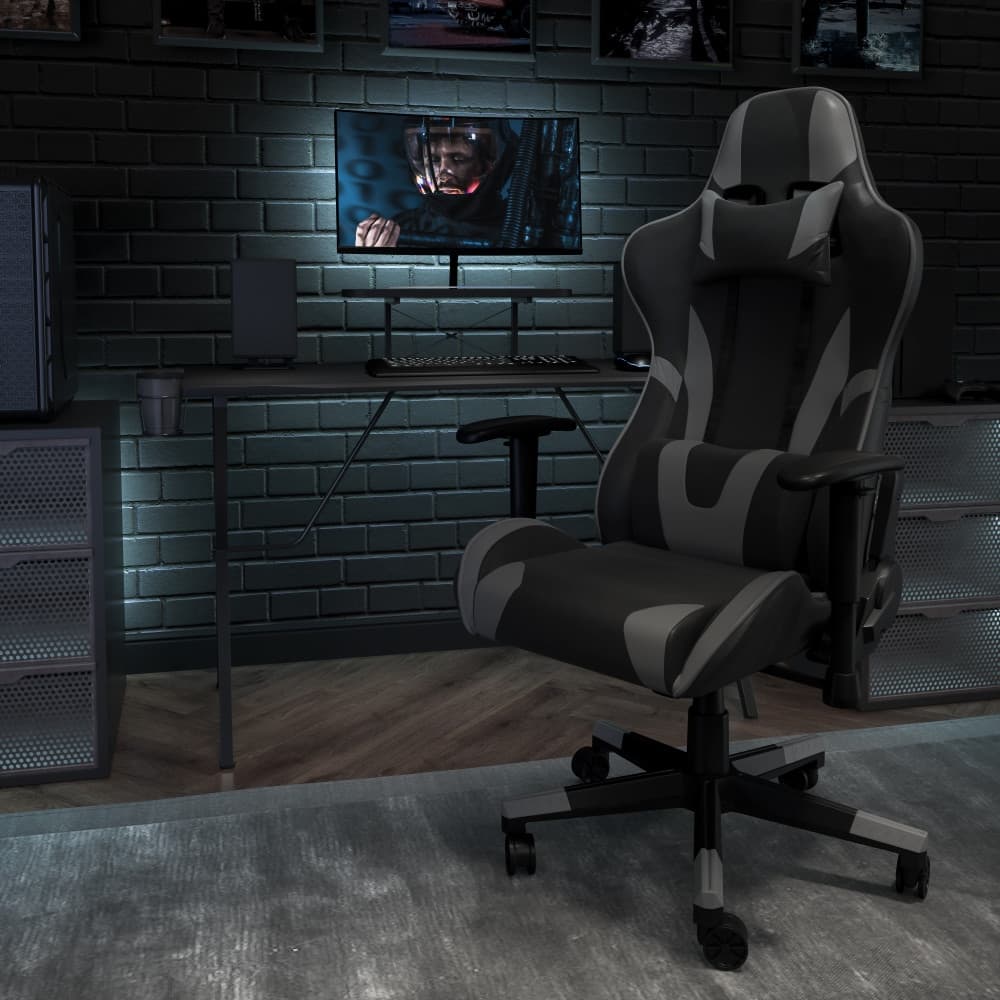 Racing Gaming Ergonomic Chair with Reclining Back, Footrest in LeatherSoft