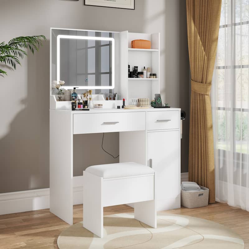 Makeup Vanity Set, Vanity Desk with Stool, LED Light Mirror and Charging Station