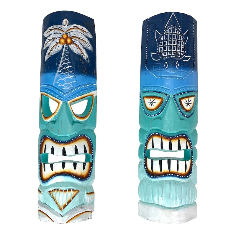 Set Of 2 - 20" Tiki Masks Hand-Carved Wood Wall Decor Indoor/Outdoor - Blue