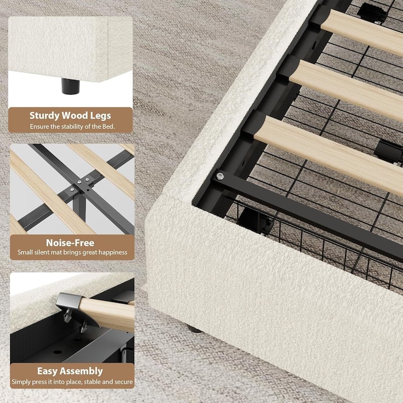 Boucle Upholstered Platform Bed Frame, with 2 Storage Drawers