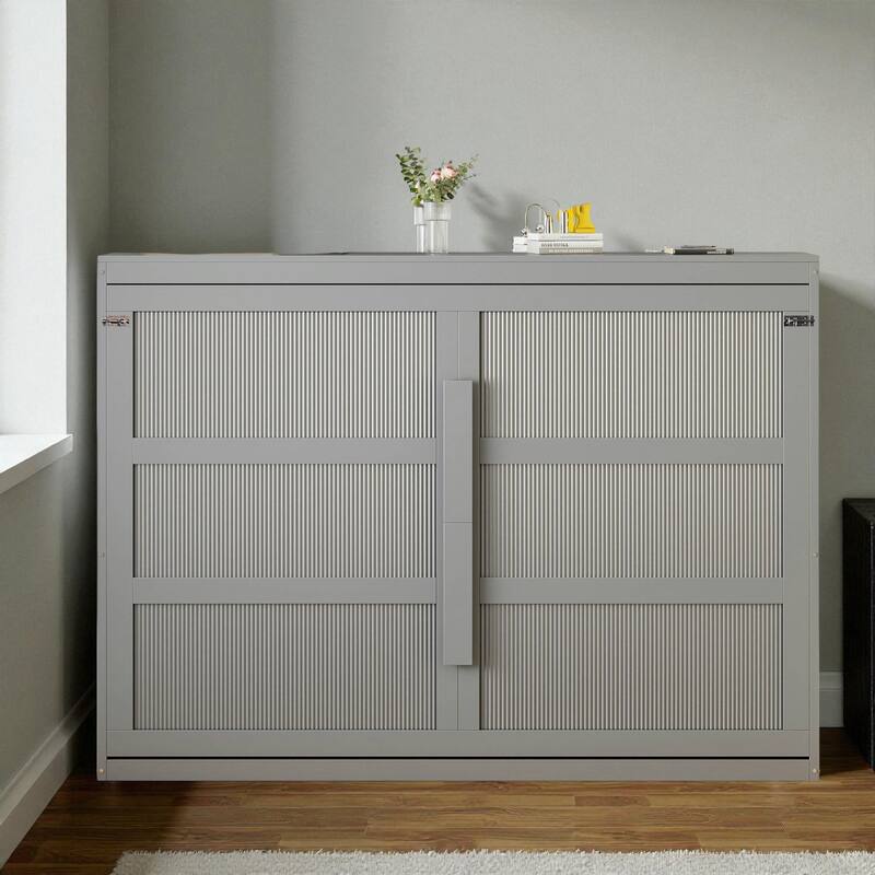 Modern Queen Size Murphy Bed with LED Lights, Wall Bed Cabinet with Wooden Slats, Space-Saving Foldable Design - Grey - Queen