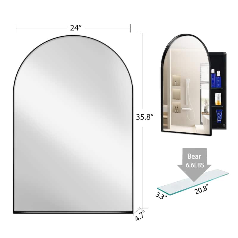 Arched Metal Framed Bathroom Mirror Cabinet, 24x36 Inch Wall Mounted or Recessed Medicine Cabinet with Storage