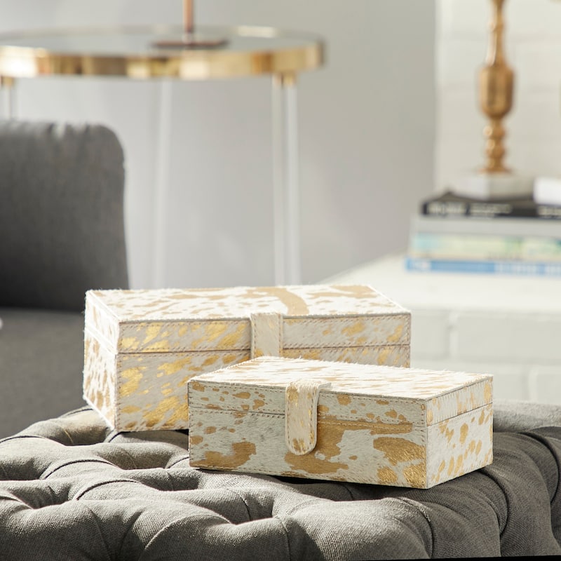 Gray, Silver or Gold Leather Handmade Cowhide Storage Box with Silver Foil Accents (Set of 2) - Gold