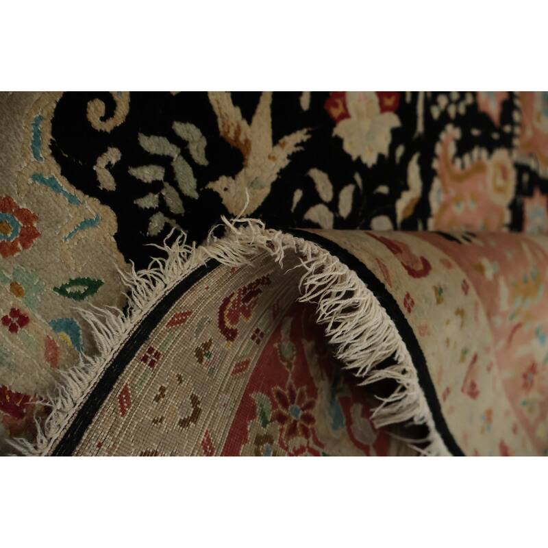 Hand Knotted Oriental Wool & Silk Carpet Traditional Floral Black Tabriz Area Rug - 6' 7'' X 4' 10''