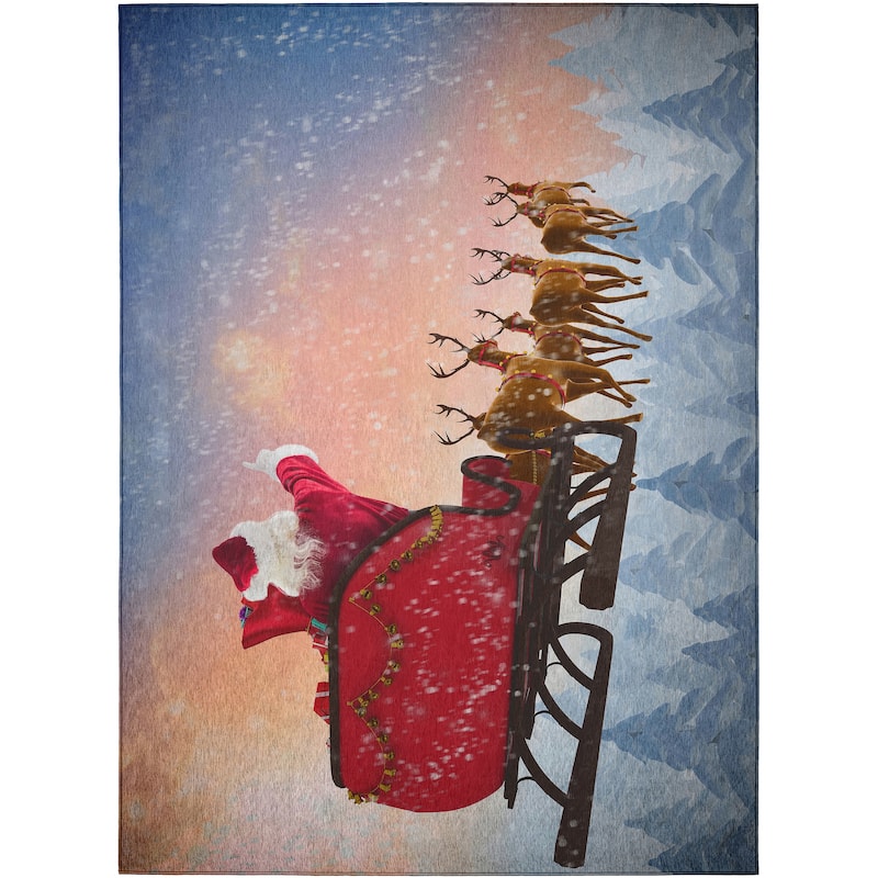 Indoor/ Outdoor Cozy Winter Holiday Washable Santa Sleigh Rug - 3' x 5' - Blue