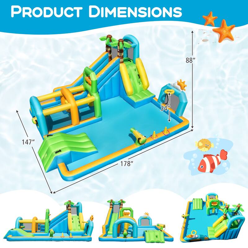 Large Outdoor Inflatable Water Park Slide with Climbing Ramp Basketball Hoop and Ring Toss for Kids