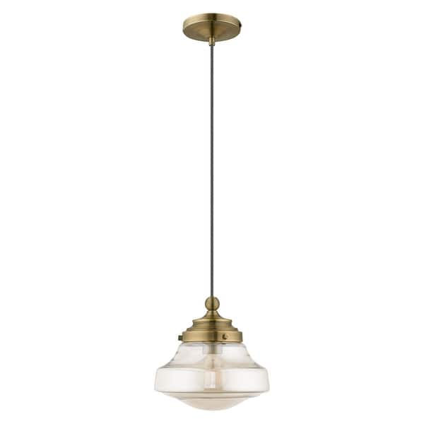 slide 2 of 12, Livex Lighting Art Glass 1-light Schoolhouse Mini Pendant - 9"Dia. x 11"-90"Adj. H Antique Brass & Champagne Glass