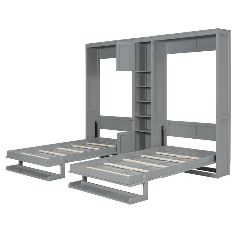 Dual Twin Wall Beds with Cabinets and Shelves, Space-Saving Furniture