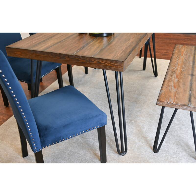 Farmhouse Dining Set 6-Piece with Bench and 4 Velvet Upholstered Dining Chairs, Dining Table with Hairpin Legs