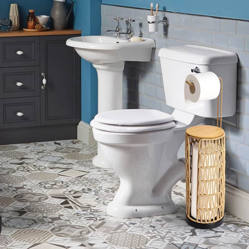 Freestanding Rattan Toilet Paper Holder with Storage, Handmade Woven Toilet Paper Roll Holder Stand