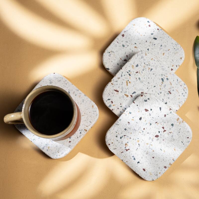 Set of 4 Terrazzo Square Coasters w/ Twine - White