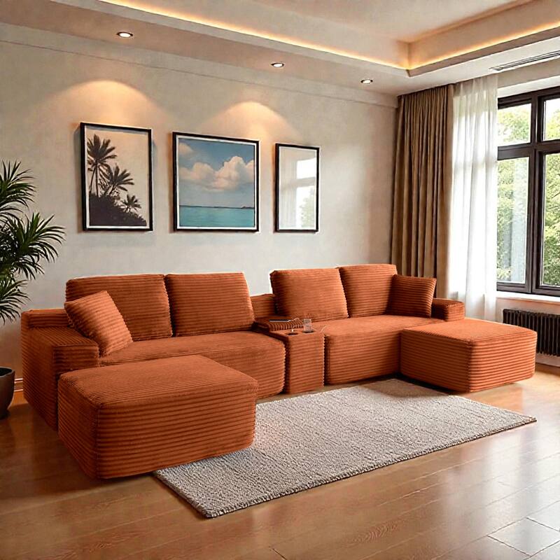 125" L Shaped Sectional Sofa with 2 Ottomans, Cloud Corduroy Couch with Deep Seat, Cup Holders and USB Ports