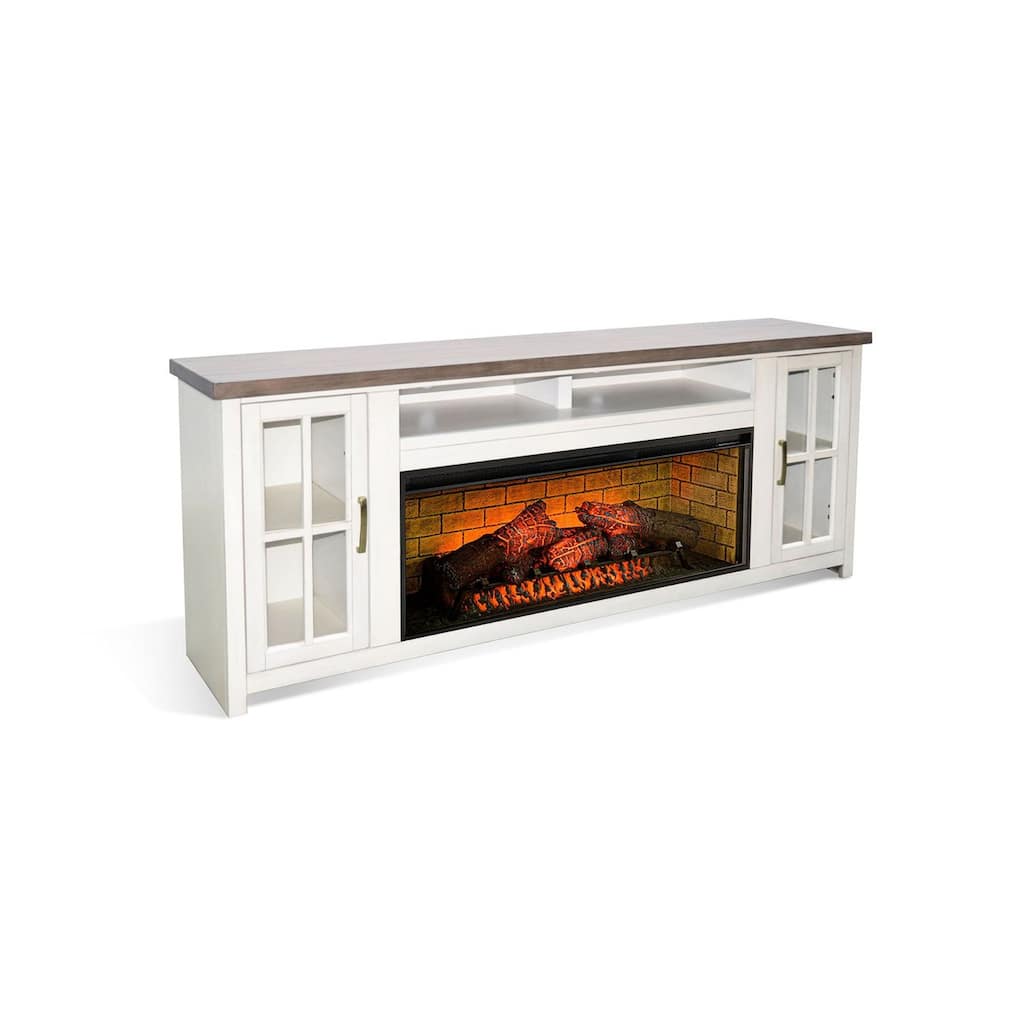 Gery TV Media Console w Log Fireplace, 76 Inch, 2 Cabinets, White