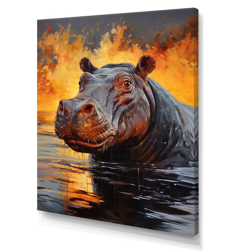 Designart "Hippo The Savanna King II" Hippopotamus Wall Art Print Black - Modern Wall Art Décor For Bedroom