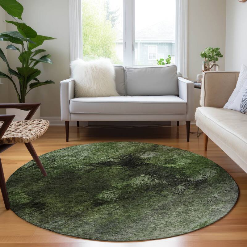 Machine Washable Indoor/ Outdoor Chantille Abstract Watercolor Rug - 8' x 8' - Green