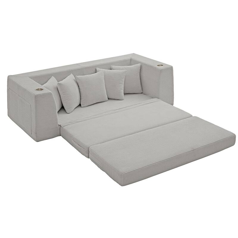 Modern Convertible Loveseat Sofa Bed, Corduroy Fabric Foldable Floor Couch w/5 Pillows, Side Pockets & Cup Holders, No Assembly