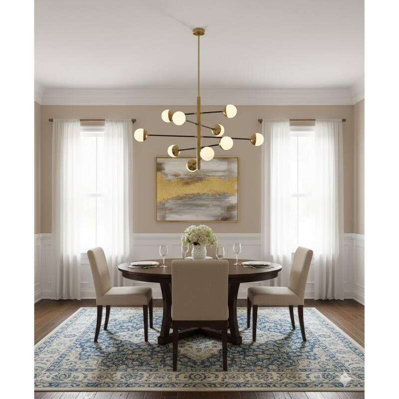 10-Light Brass And Black Chandelier With Glass Shades