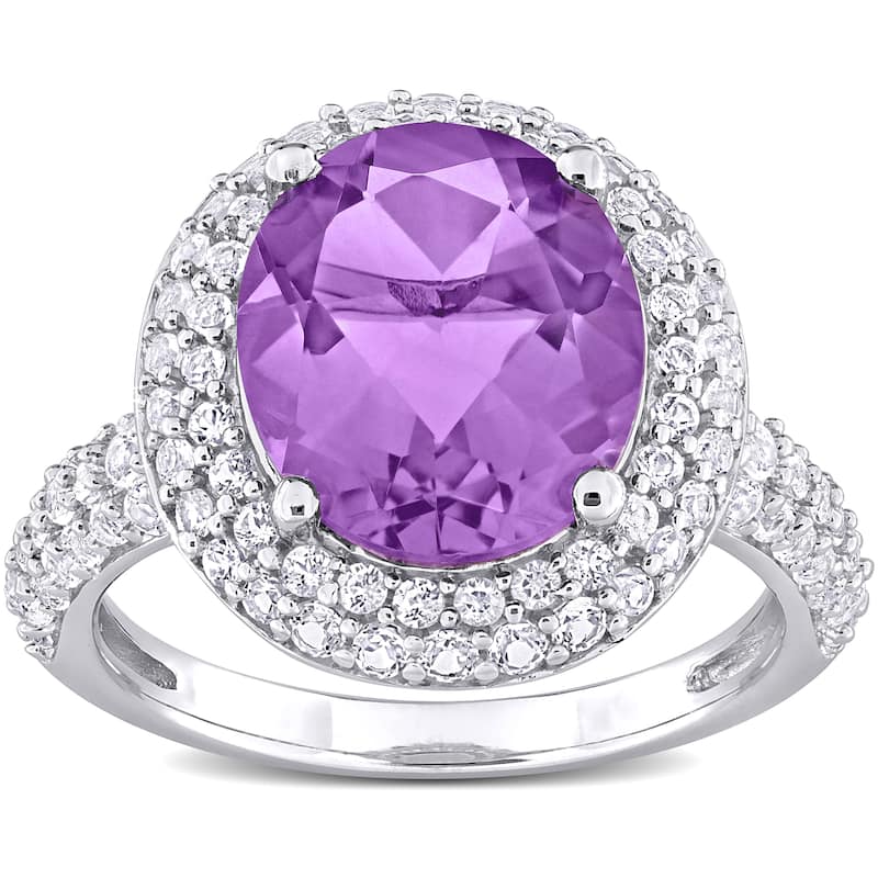 Miadora 5 1/3ct TGW Oval-Cut Amethyst and White Topaz Double Halo Ring in Sterling Silver