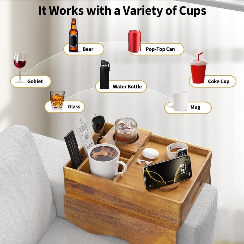 Couch Cup Holder Tray - 13.9"L x 9.8"W x 3"H