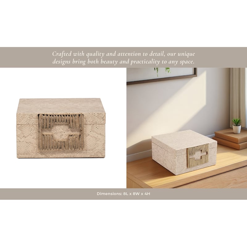 Sagebrook Home Decorative Box Wood MDF Faux Leather with Faux Snakeskin Texture and Gold-Tone Geometric Latch 8" Tan