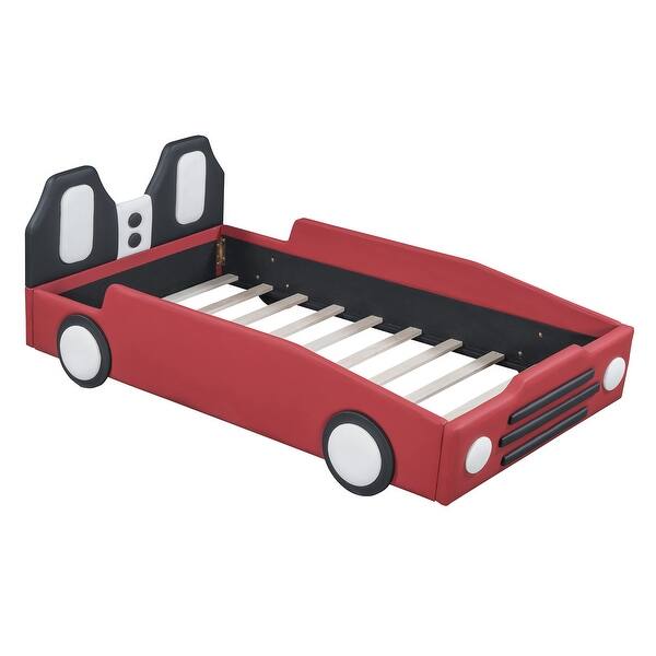slide 2 of 10, Twin Size Race Car-Shaped Platform Bed with Wheels for Kids, PU Leather Wooden Bed w/Wood Slat Support, No Box Spring Needed Red Red - Twin