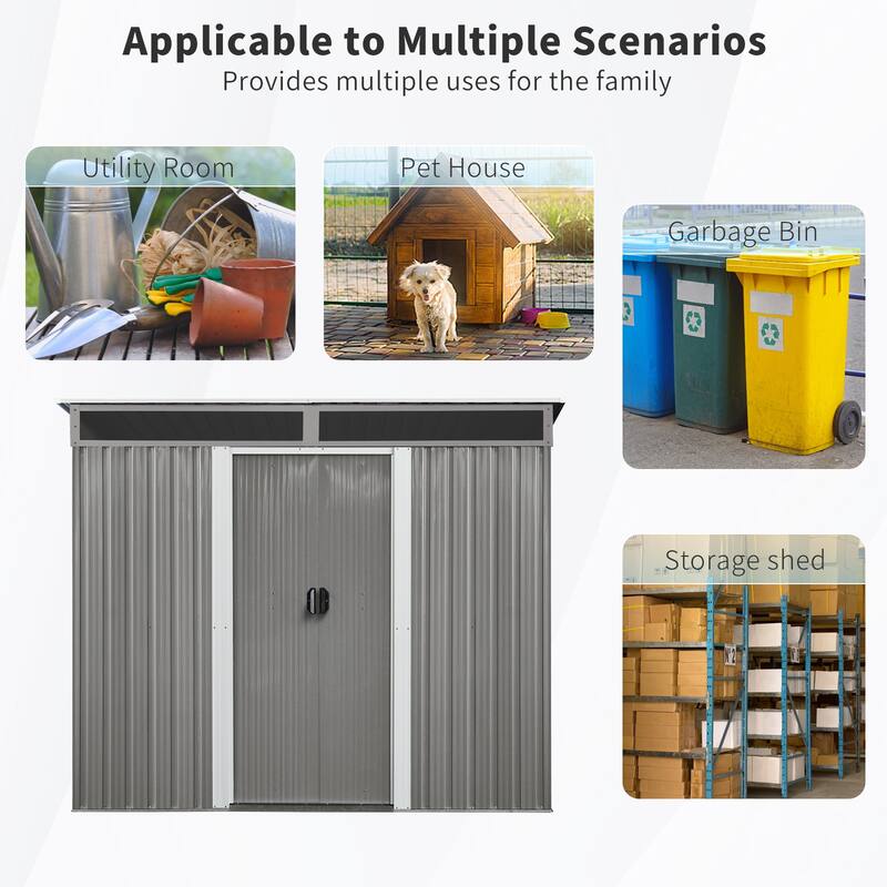 8ft x 6ft Gray Metal Storage Shed - Outdoor Garden Shed with Window, Transparent Panel and Lockable Sliding Door - 8 ft x 6 ft