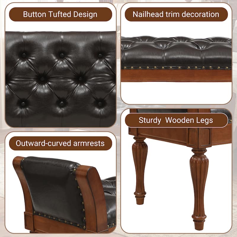 Christopher Knight Home - Mid-Century Classic Sleek Button-Tufted PU Leather Upholstered End-of-Bed Bench with Rolled Arms