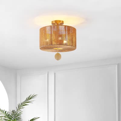 SAFAVIEH Lighting Nikolett 3-Light Flush Mount - 15 In. W x 15 In. D x 15 In. H - Natural/Gold - 15Wx15Dx15H
