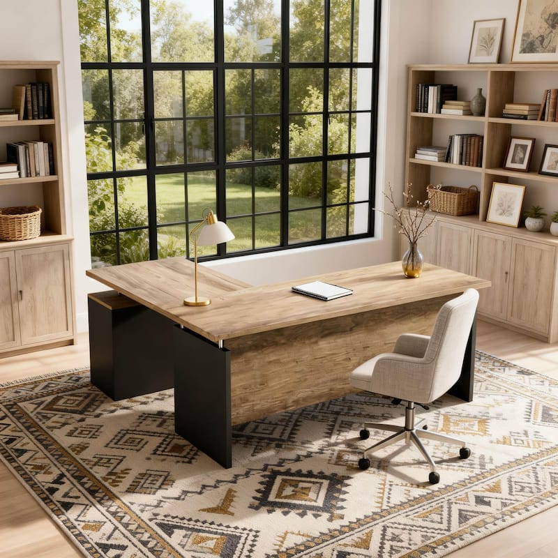 WESOME 63-inch L Shaped Executive Desk, Industrial Modern Office Desk with 3 Storage Drawers