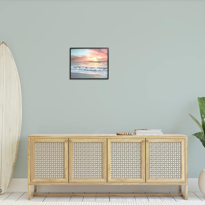 Stupell Morning Sunrise Beach Landscape Distant Mountains Rolling Tide Framed Wall Art
