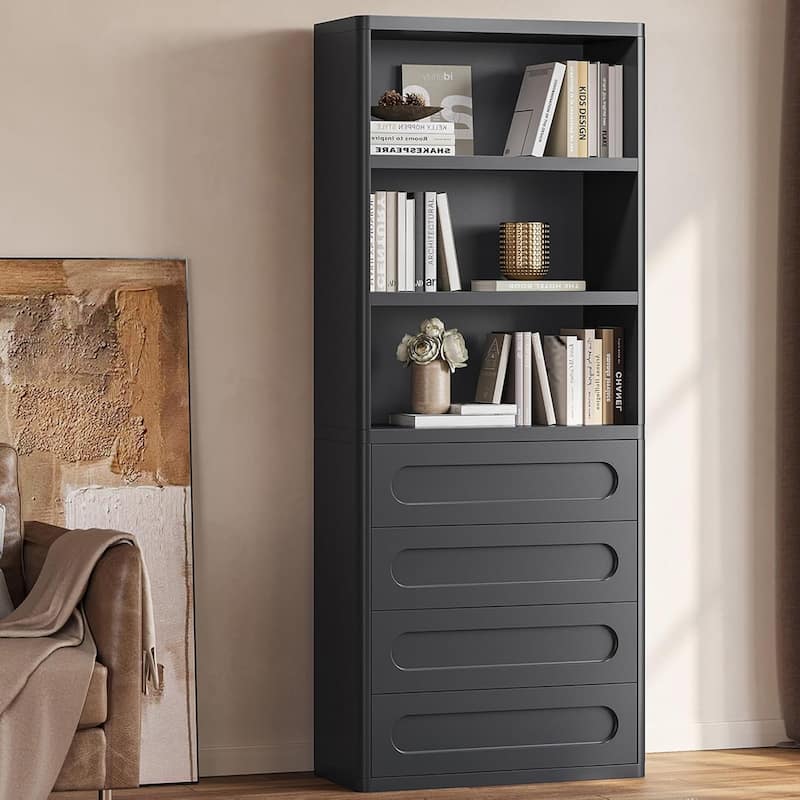 Bookcase with 4 Drawers 72.1" Tall Bookshelf with 3 Storage Shelves - Black