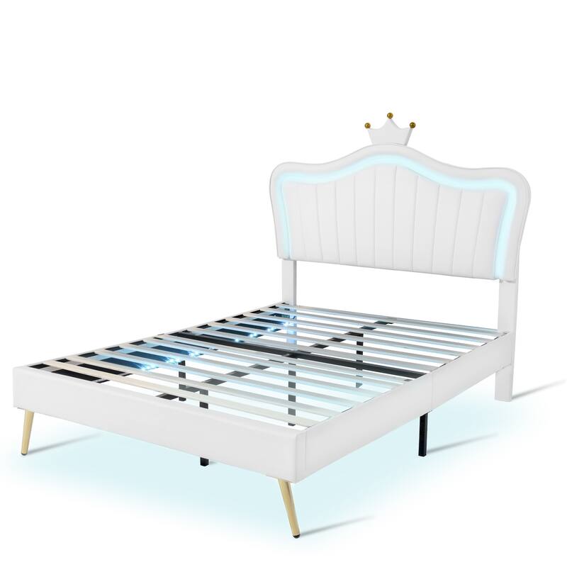 White Full Size LED Crown Headboard Platform Bed: Constructed with MDF, Plywood, PU, Metal, Bearing 600LBS