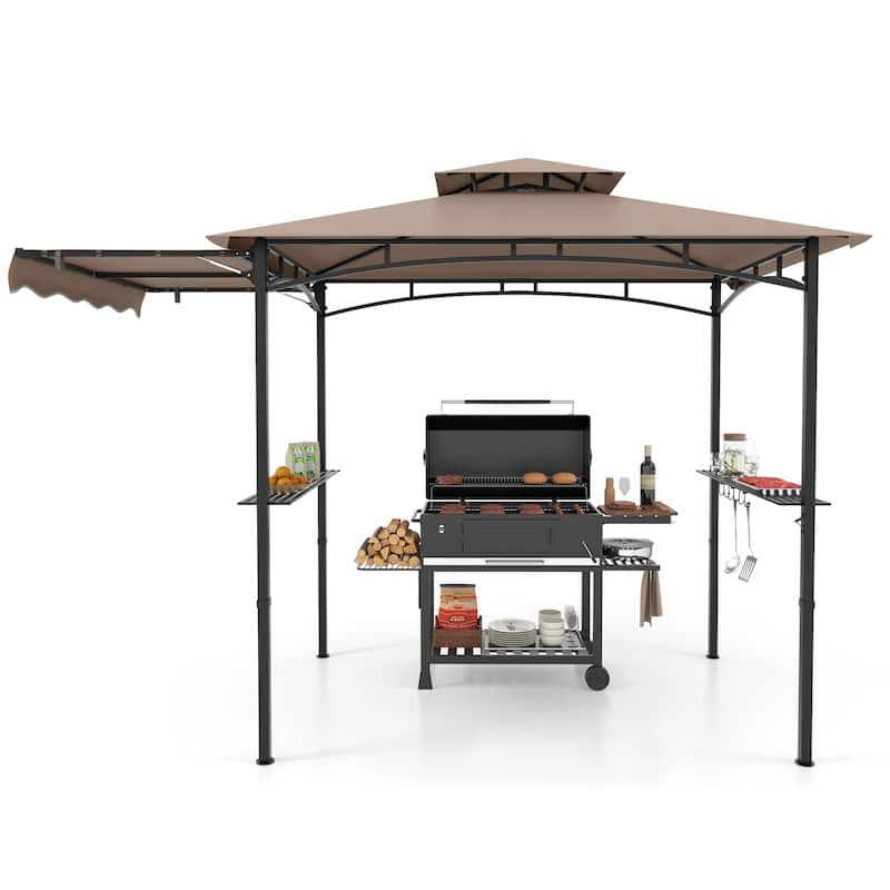 11 x 5 Feet Outdoor BBQ Shelter with Vented Canopy and Side Awning Hanging Hooks and Metal Frame Base