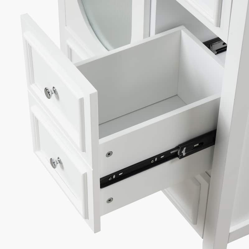 Modern Bathroom White Vanity with Sink, Oval Hazy Glass Door Cabinet and 3 Different-sized Drawers for Various Styles