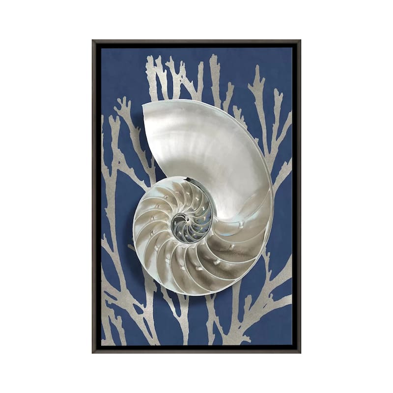 iCanvas "Shell Coral Silver on Blue II" by Caroline Kelly Framed - Charcoal - 48x32