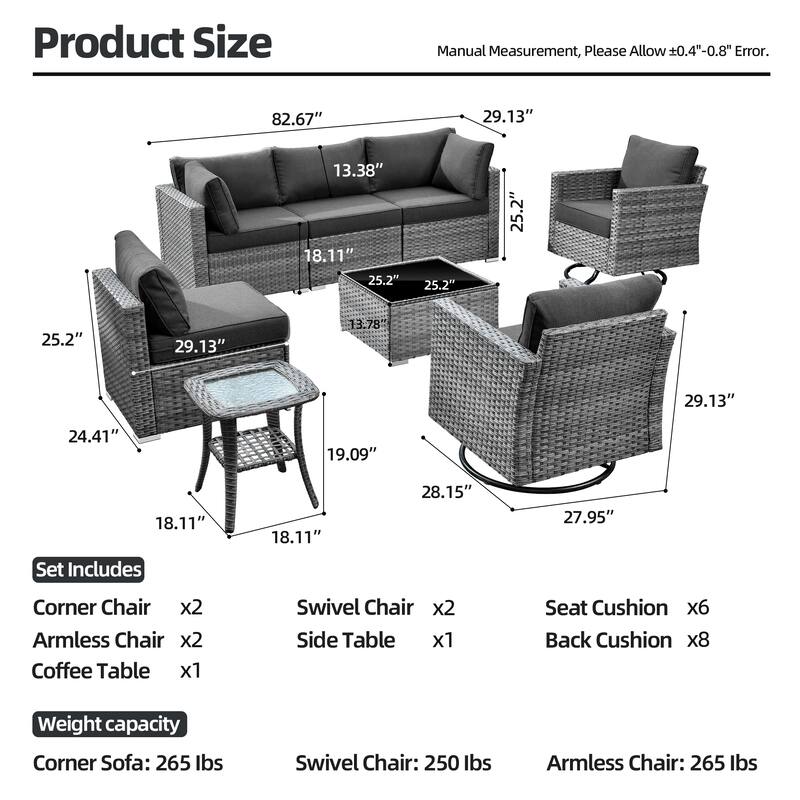 XIZZI 8-piece Patio Wicker Furniture Set with Swivel Chair